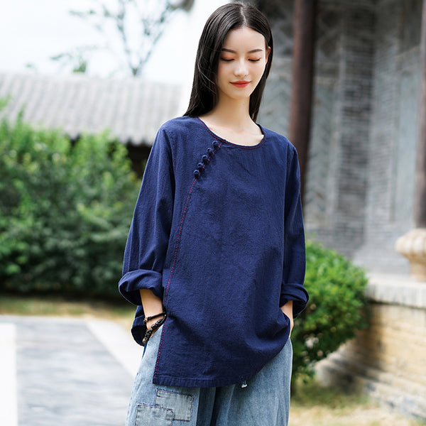 Women Retro Style Linen and Cotton Long Sleeves Light T-shirt