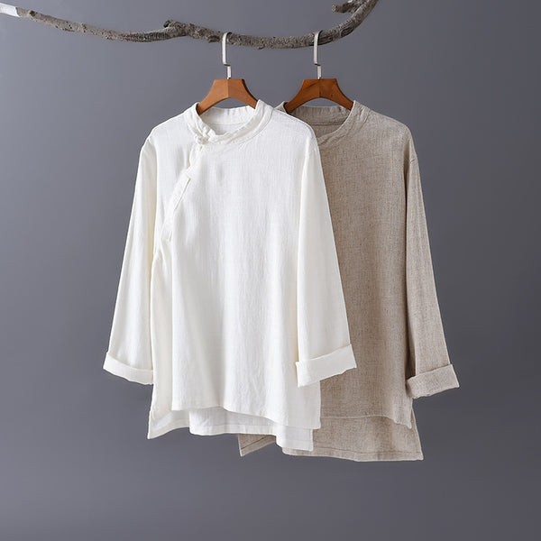 Women Asian Retro Style Linen and Cotton Long Sleeve Blouse