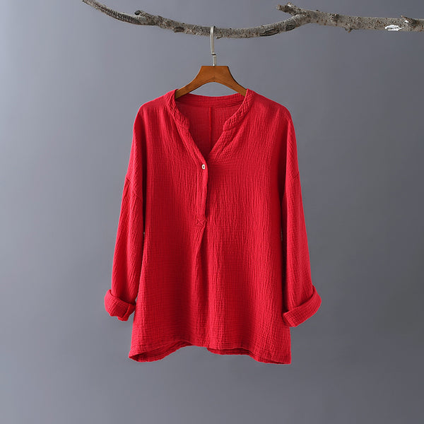 Women Causal Style Linen and Cotton Long Sleeve Wrinkled V-neck T-shirt