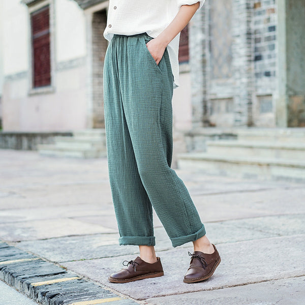 Women Simple Casual Style Light Linen and Cotton Pants