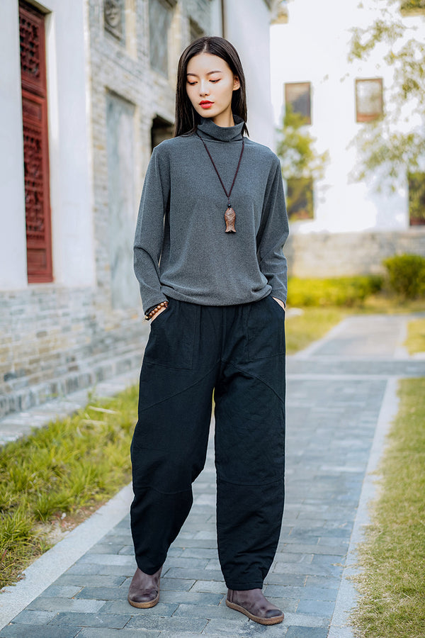 Women Pure Color Linen and Cotton Quilted Causal Pants