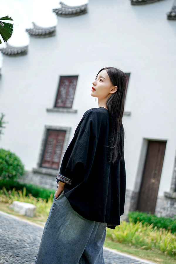 Women Asian Modern Retro Style Linen and Cotton Long Sleeve Loose T-shirt