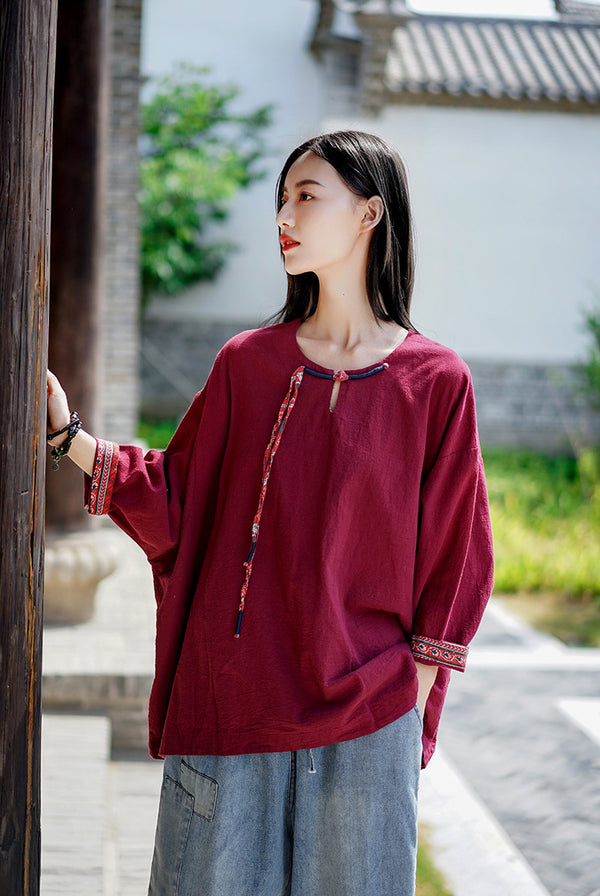 Women Asian Modern Retro Style Linen and Cotton Long Sleeve Loose T-shirt