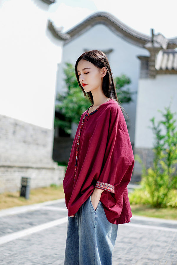Women Asian Modern Retro Style Linen and Cotton Long Sleeve Loose T-shirt