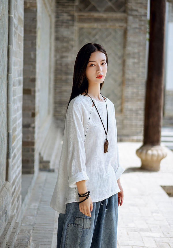 Women Simple Linen and Cotton Long Sleeves Wrinkled Light T-shirt