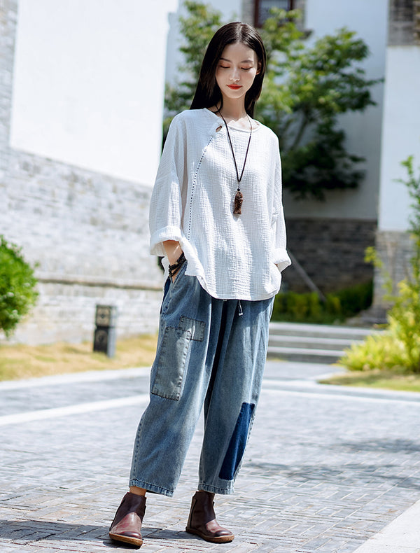 Women Simple Linen and Cotton Long Sleeves Wrinkled Light T-shirt