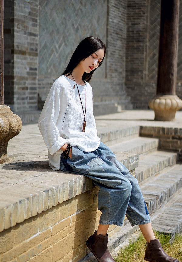 Women Simple Linen and Cotton Long Sleeves Wrinkled Light T-shirt