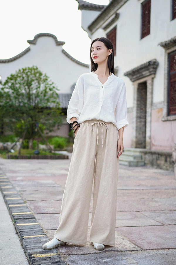 Women Casual Style Linen and Cotton Wide Leg Pants
