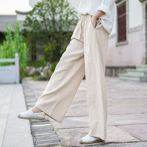 Women Casual Style Linen and Cotton Wide Leg Pants