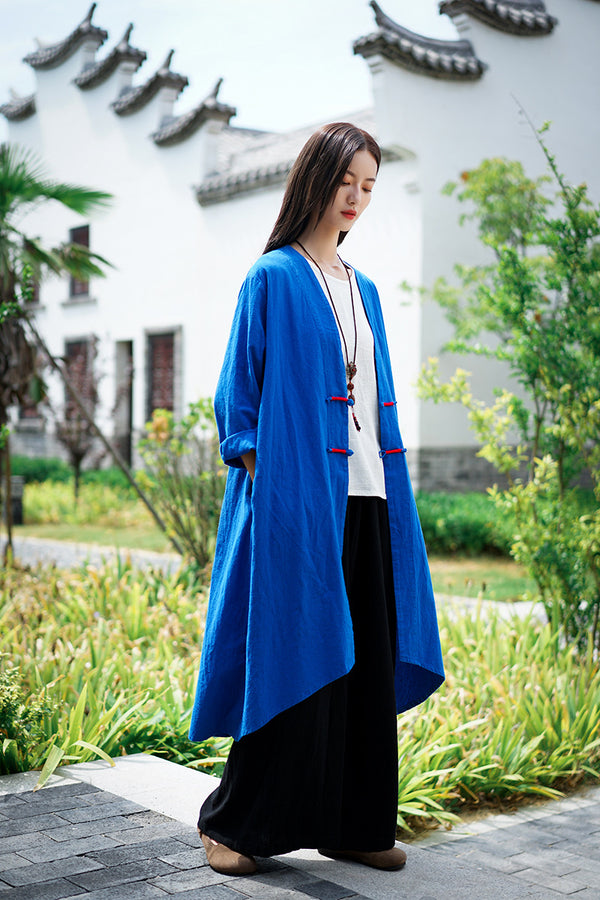 Women Retro Style Linen and Cotton Irregular Length Coat