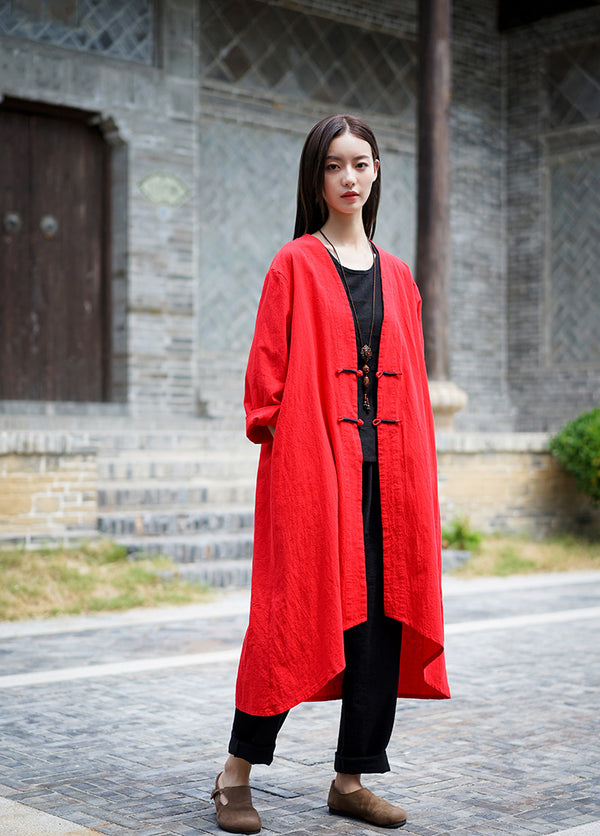 Women Retro Style Linen and Cotton Irregular Length Coat