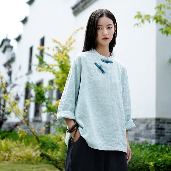 Women Asian Retro Style Linen and Cotton Long Sleeve Blouses