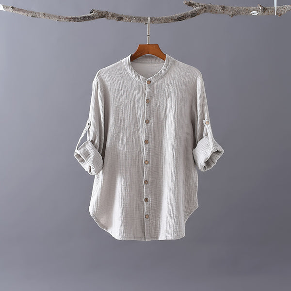 Women Classic Style Linen and Cotton Long Sleeve Wrinkled Shirt