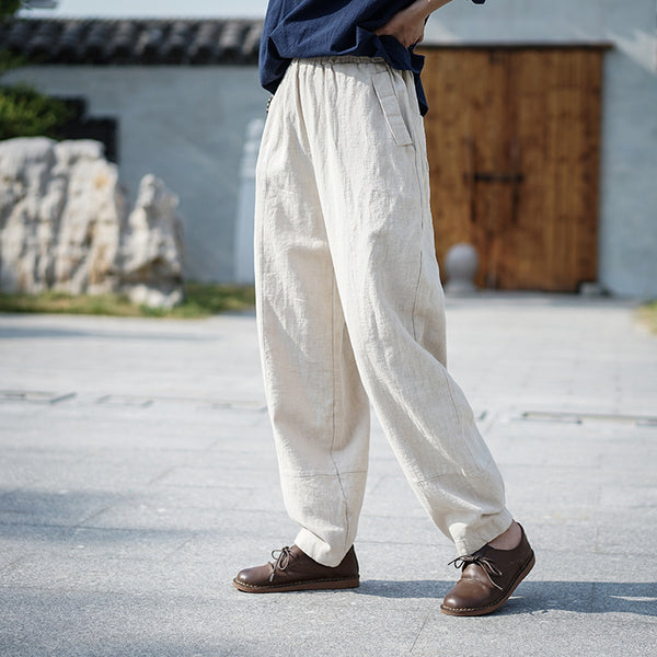 Women Retro Pure Color Linen and Cotton Lantern Pants