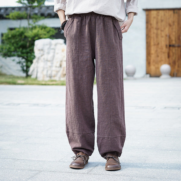 Women Retro Pure Color Linen and Cotton Lantern Pants