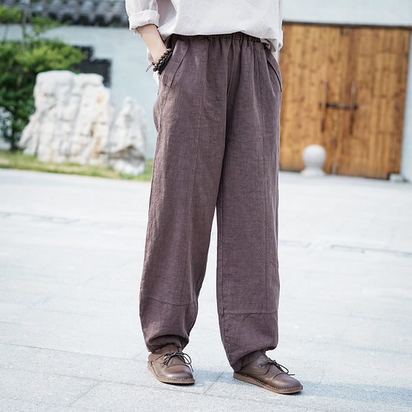 Women Retro Pure Color Linen and Cotton Lantern Pants