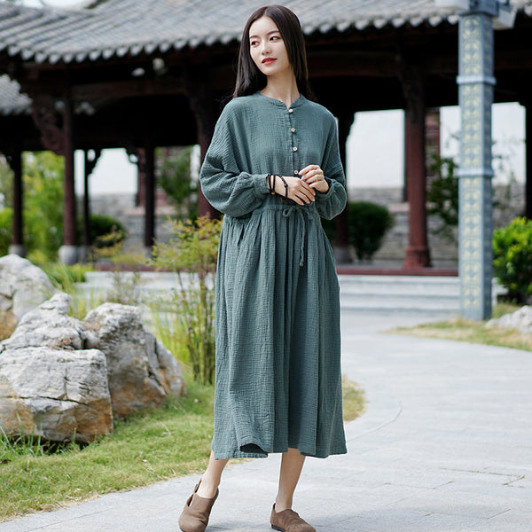 Women Loose Linen and Cotton Wrinkled Long Sleeves Midi Dress