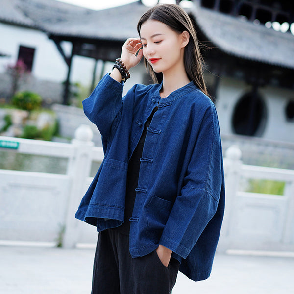 Women Retro Style Sand-washed Jean Long Sleeves Coat