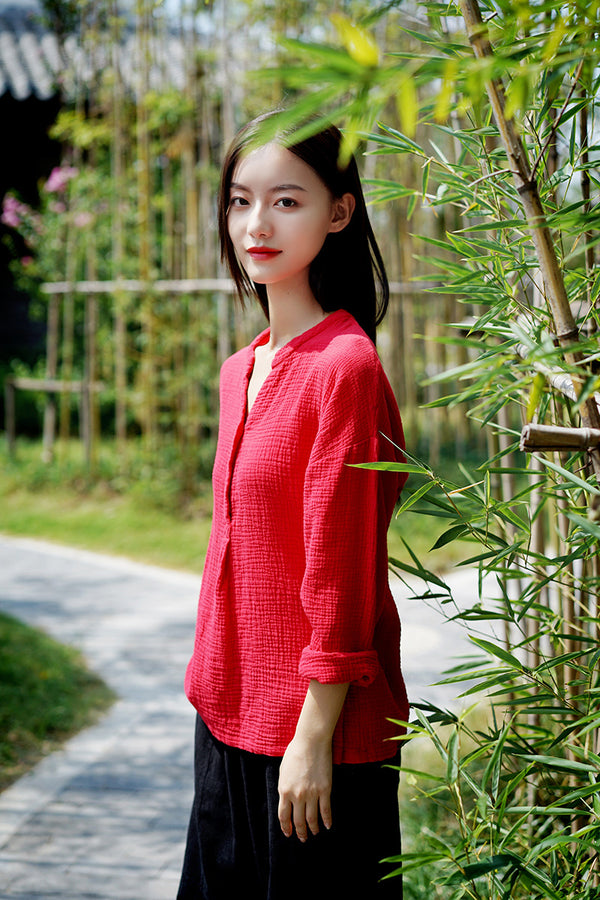 Women Causal Style Linen and Cotton Long Sleeve Wrinkled V-neck T-shirt