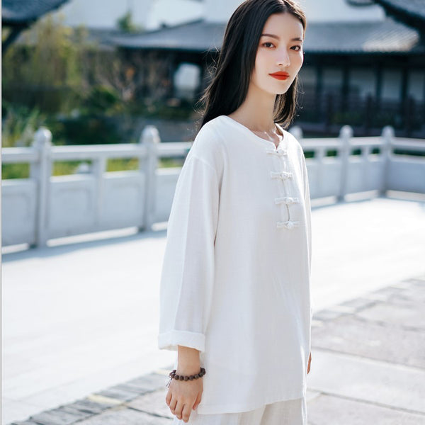 Women TaiChi Style Linen and Cotton Long Sleeves KungFu Set (Top+Pants)