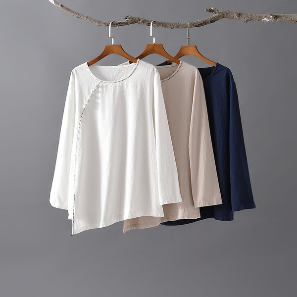 Women Retro Style Linen and Cotton Long Sleeves Light T-shirt