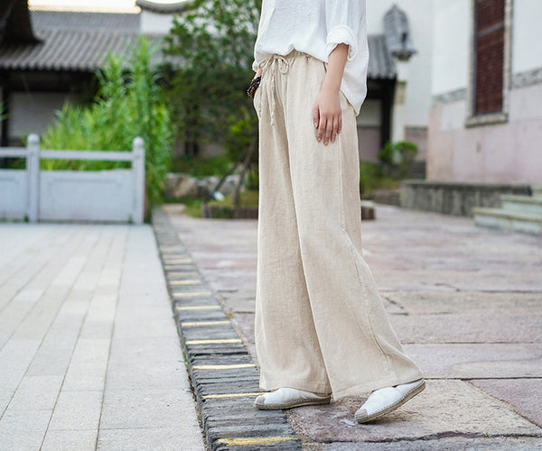 Women Casual Style Linen and Cotton Wide Leg Pants