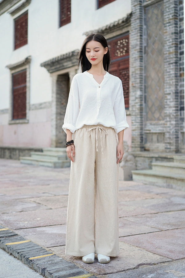 Women Casual Style Linen and Cotton Wide Leg Pants