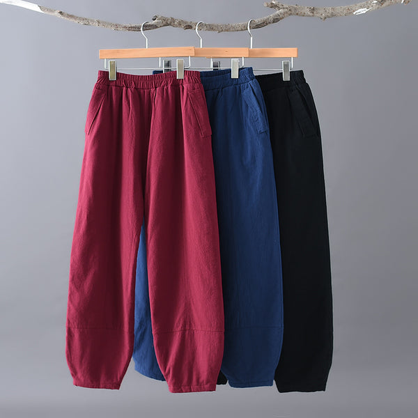Women Pure Color Linen and Cotton Quilted Lantern Pants