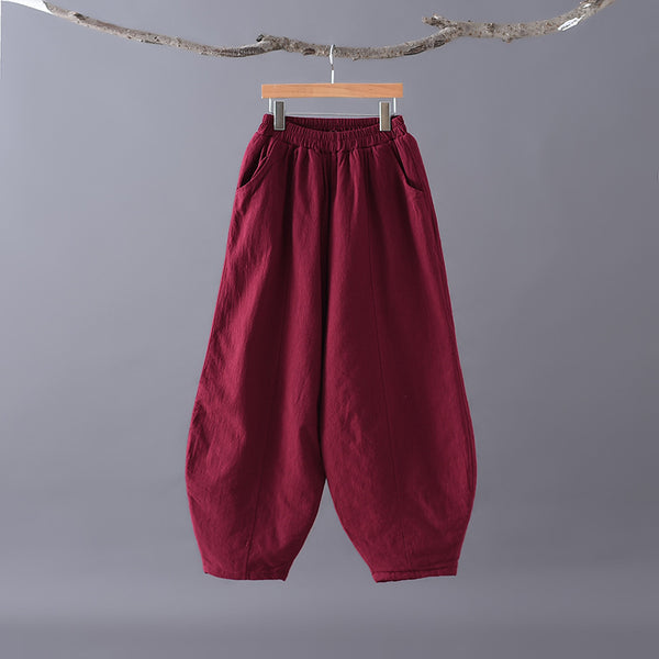 Women Pure Color Linen and Cotton Quilted Lantern Pants