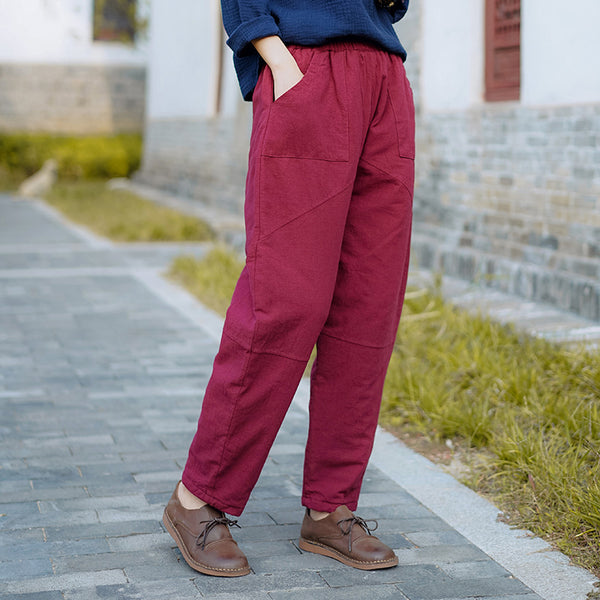 Women Pure Color Linen and Cotton Quilted Causal Pants