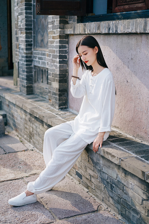 Women TaiChi Style Linen and Cotton Long Sleeves KungFu Set (Top+Pants)