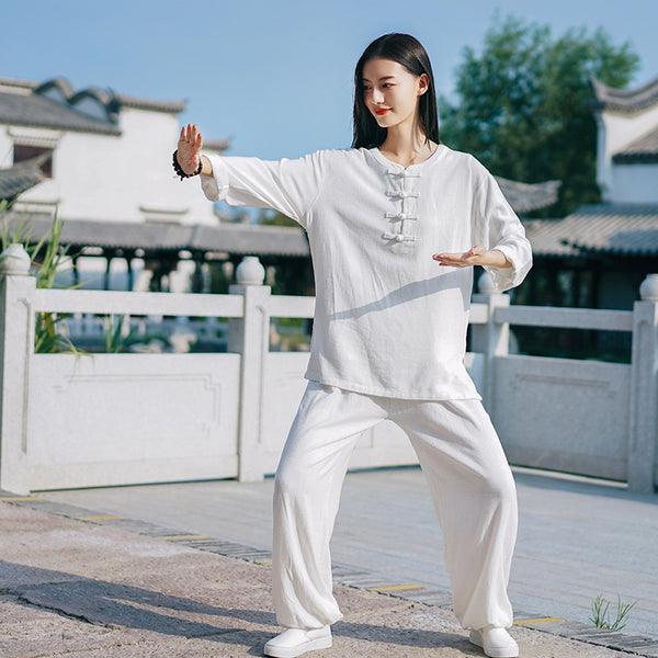 Women TaiChi Style Linen and Cotton Long Sleeves KungFu Set (Top+Pants)