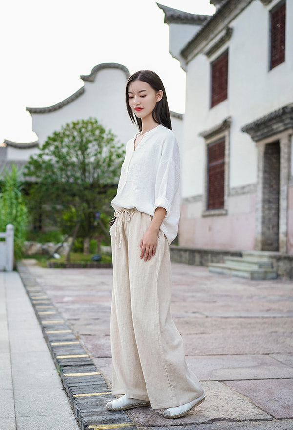Women Casual Style Linen and Cotton Wide Leg Pants
