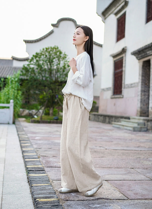 Women Casual Style Linen and Cotton Wide Leg Pants