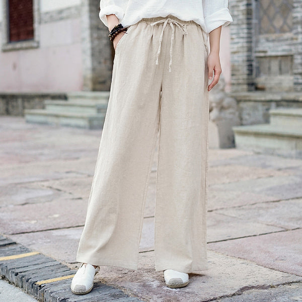 Women Casual Style Linen and Cotton Wide Leg Pants