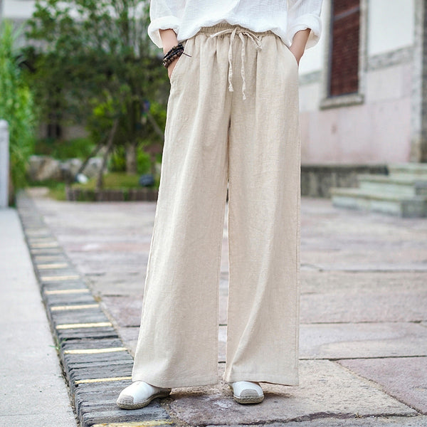 Women Casual Style Linen and Cotton Wide Leg Pants