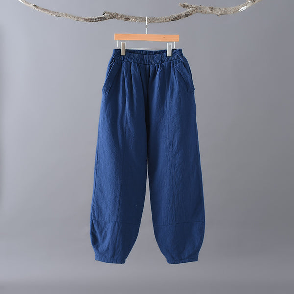 Women Pure Color Linen and Cotton Quilted Lantern Pants