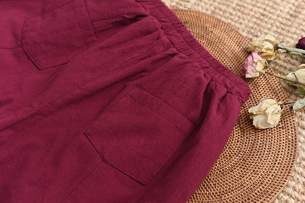 Women Pure Color Linen and Cotton Quilted Lantern Pants