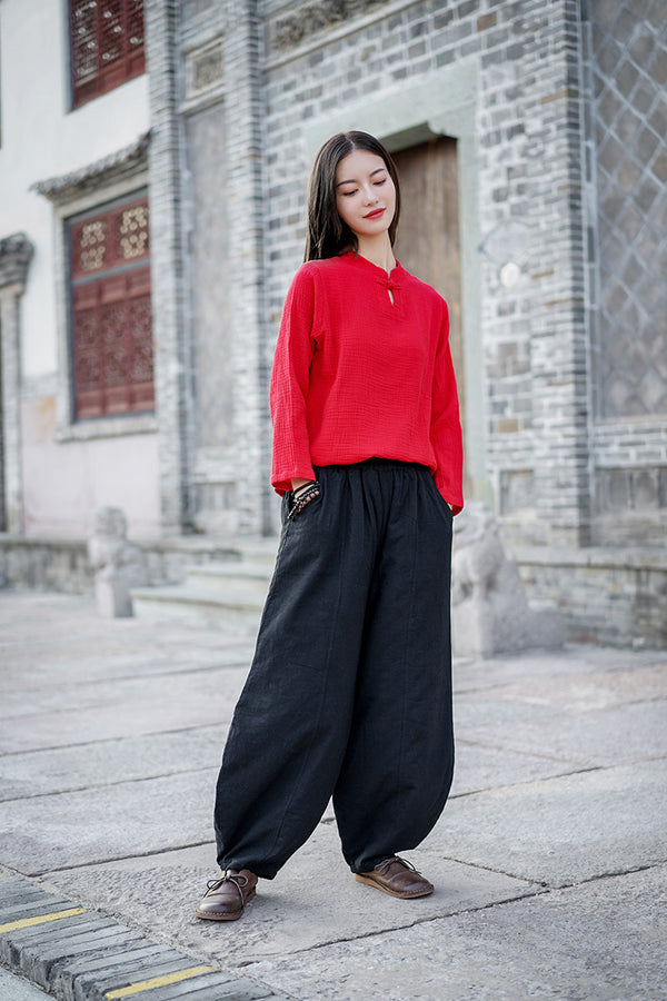 Women Pure Color Linen and Cotton Quilted Lantern Pants