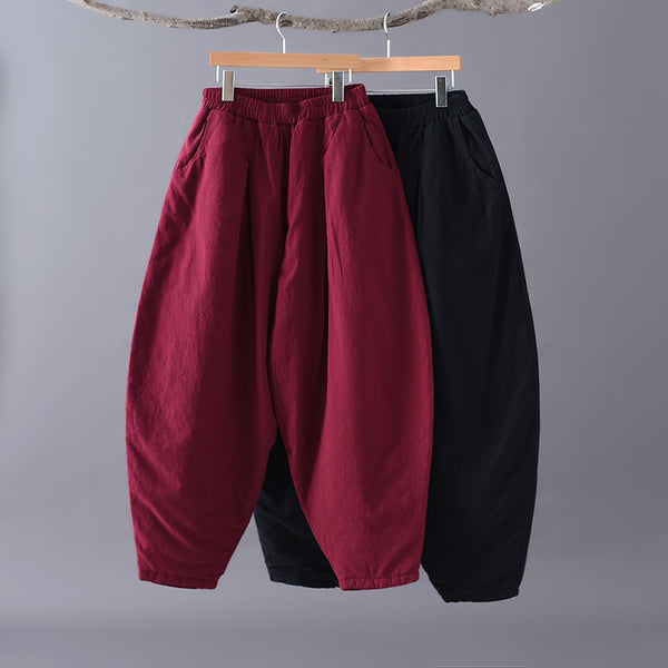 Women Pure Color Linen and Cotton Quilted Loose Lantern Pants