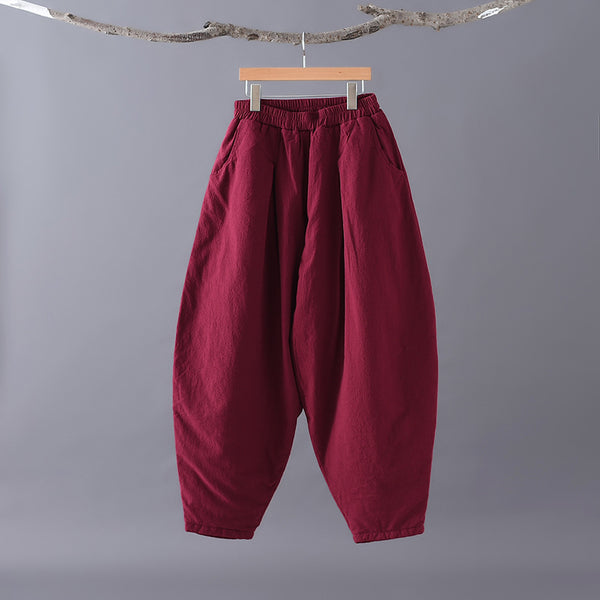 Women Pure Color Linen and Cotton Quilted Loose Lantern Pants