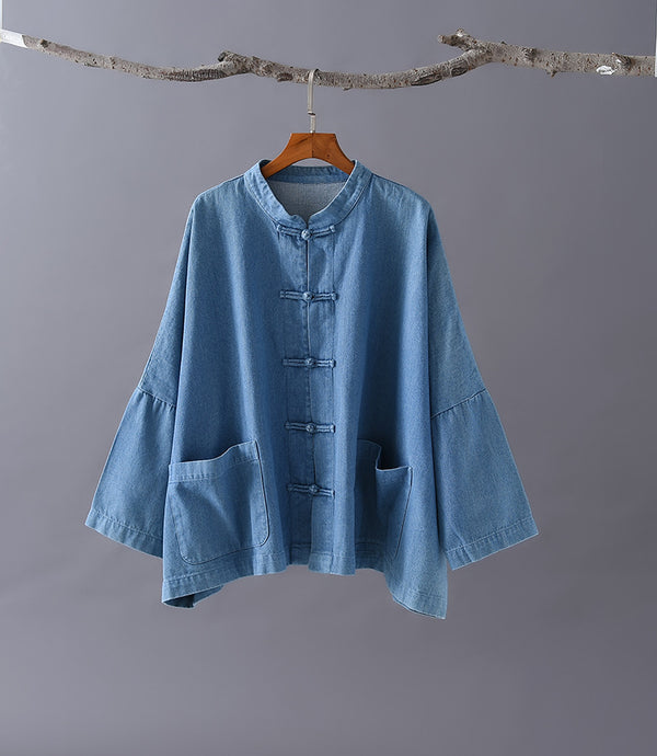 Women Retro Style Sand-washed Jean Long Sleeves Coat