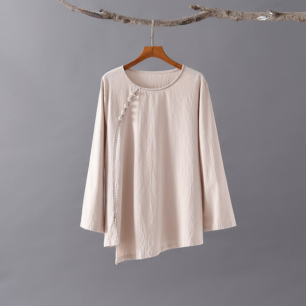 Women Retro Style Linen and Cotton Long Sleeves Light T-shirt