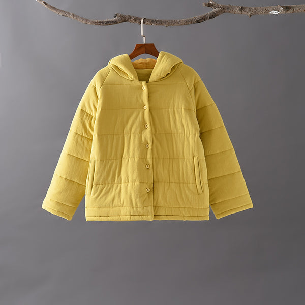 Women Classic Style Linen and Cotton Quilted Hoodie Coat