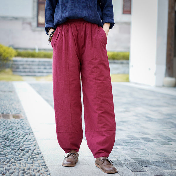 Women Pure Color Linen and Cotton Quilted Lantern Pants