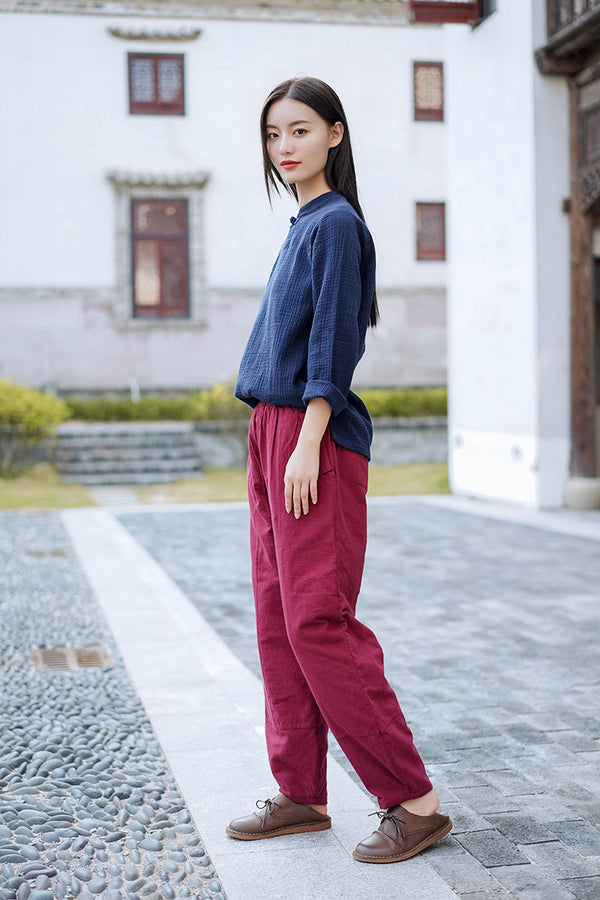 Women Pure Color Linen and Cotton Quilted Lantern Pants