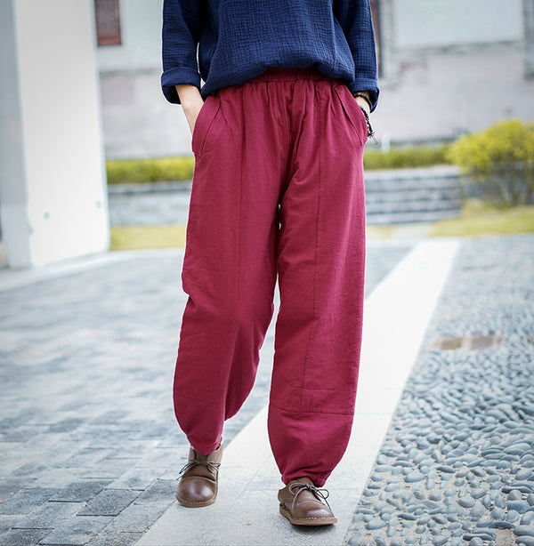 Women Pure Color Linen and Cotton Quilted Lantern Pants