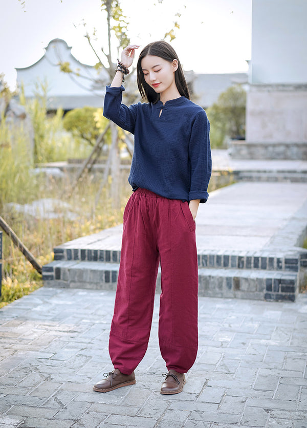 Women Pure Color Linen and Cotton Quilted Lantern Pants