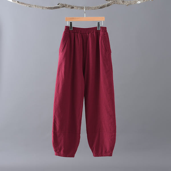Women Pure Color Linen and Cotton Quilted Lantern Pants