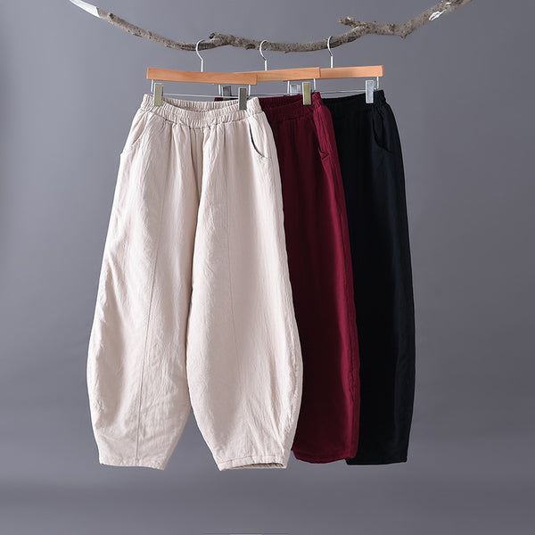 Women Pure Color Linen and Cotton Quilted Lantern Pants